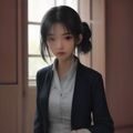 年轻女性内容编辑对着屏幕微笑讨论片单选题，办公室背景带绿植，氛围轻松专业